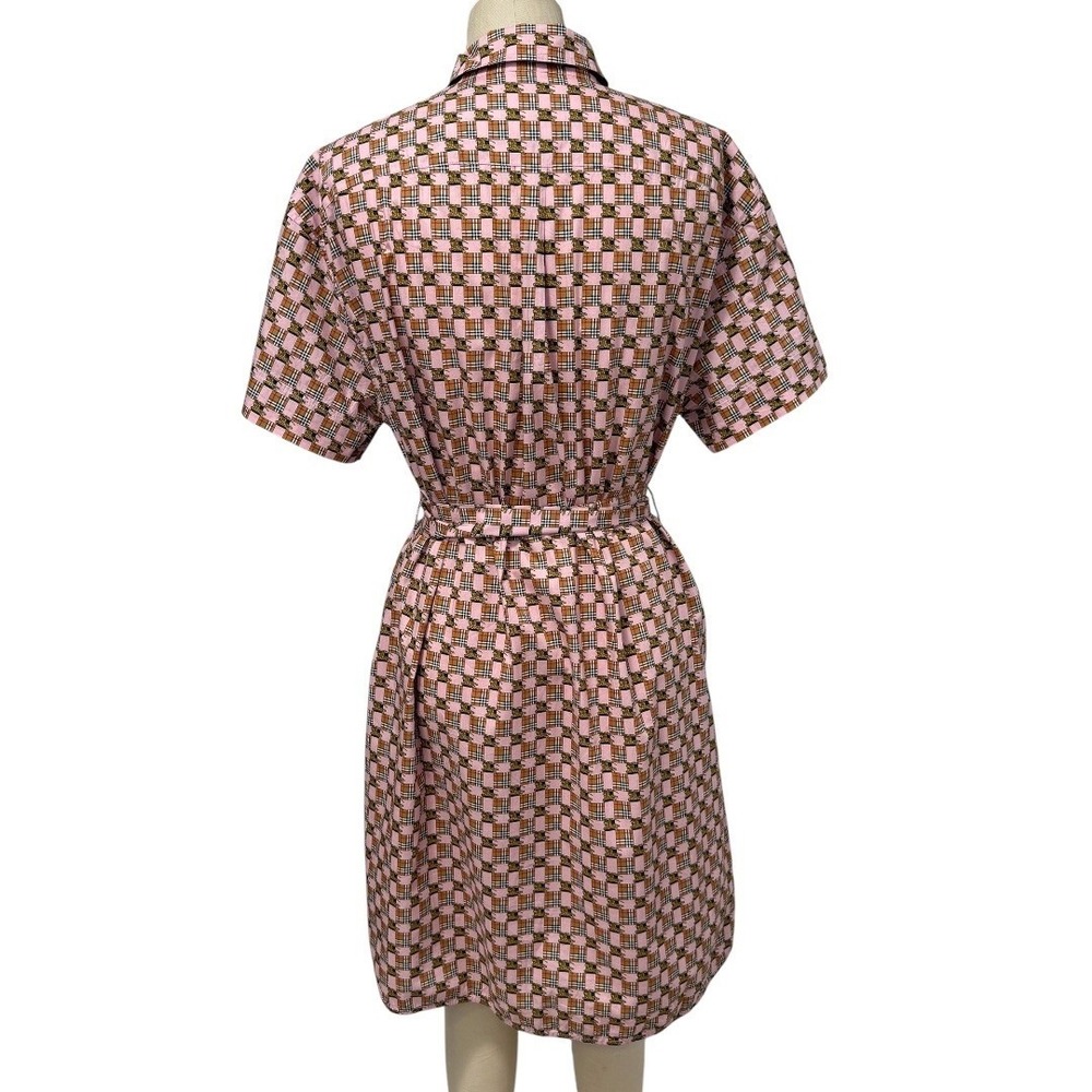 Burberry Shirt Dress Womens 14 Pink Short Sleeve Belted Tiled Archive Print - Picture 8 of 14